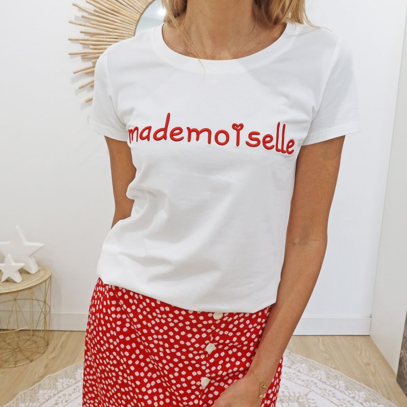 T-shirt Mademoiselle brodé rouge
