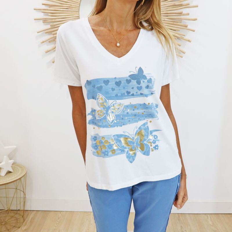 T-shirt papillons bleu jean