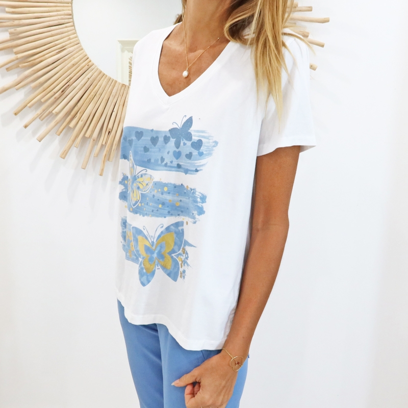 T-shirt papillons bleu jean