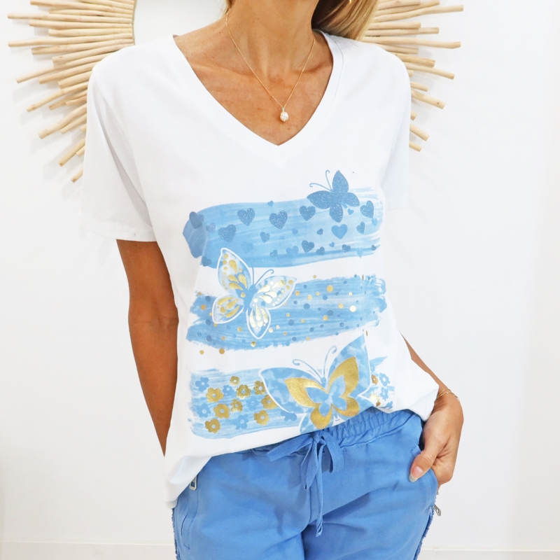 T-shirt papillons bleu jean