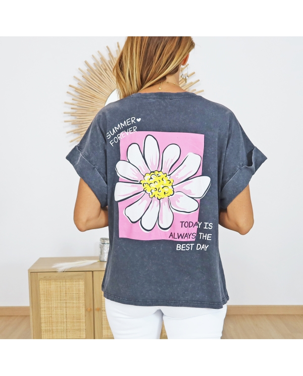 T-shirt Daisy noir délavé
