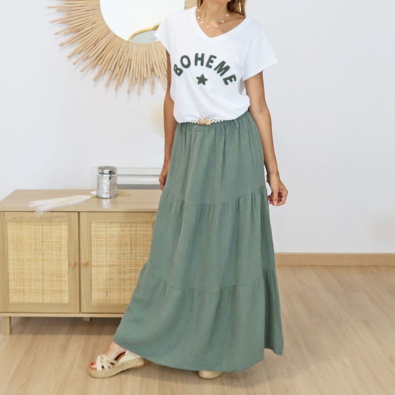 jupe gaze de coton kaki taille élastique