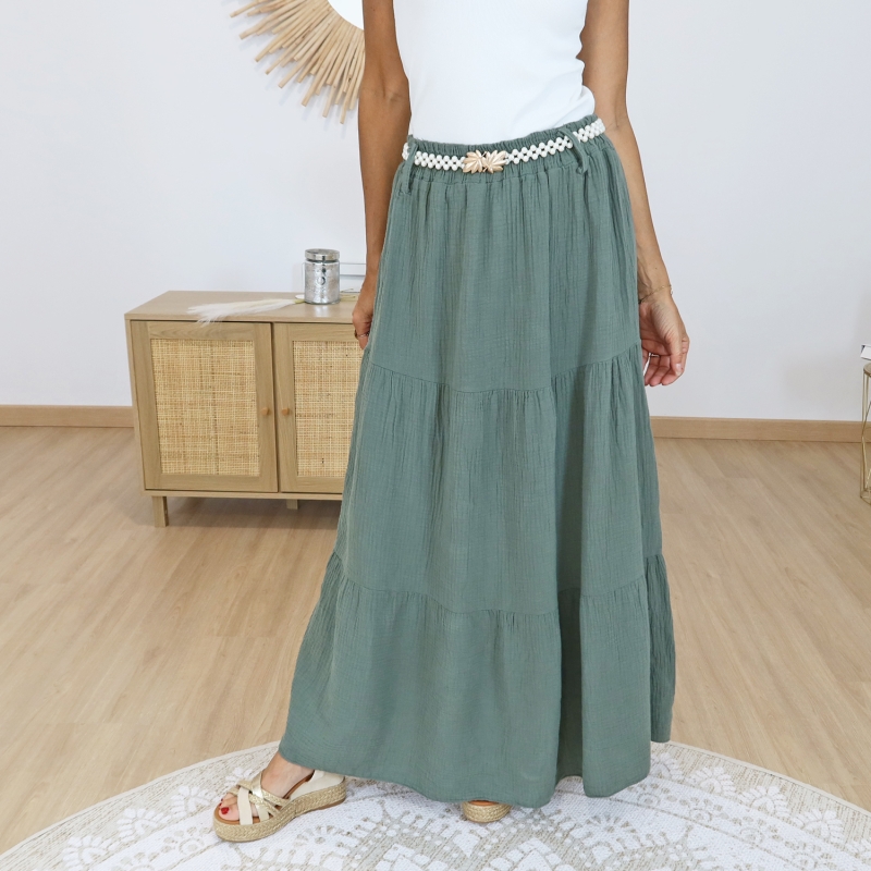jupe bohème chic kaki gaze de coton