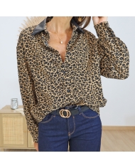 Chemise femme velours côtelé fin léopard – vue de face