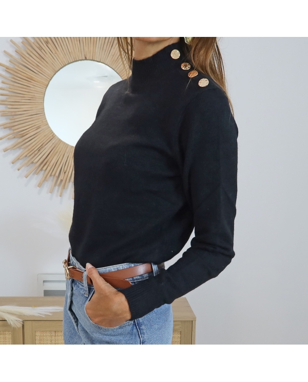 Pull noir femme maille Tiffosi – boutons dorés sur l’épaule