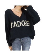 Pull noir femme oversize – détail impression “J’Adore” dorée