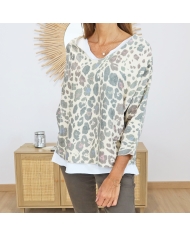 Pull fin léopard femme – vue de face kaki beige écru