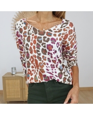 T-shirt pull fin léopard femme – imprimé camel fuschia taupe sur fond écru