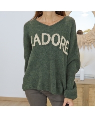 Pull oversize femme kaki – décolleté V ample