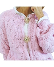 Gilet Dunia rose – détail broches soleil dorées ☀️