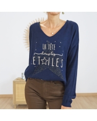 Pull bleu marine femme – détail impression étoile & inscription