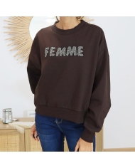 Sweat femme KALISE Kaffe – chocolat inscription pailletée