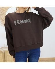Sweat femme KALISE Kaffe – chocolat inscription pailletée