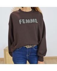 Sweat femme KALISE Kaffe – chocolat inscription pailletée