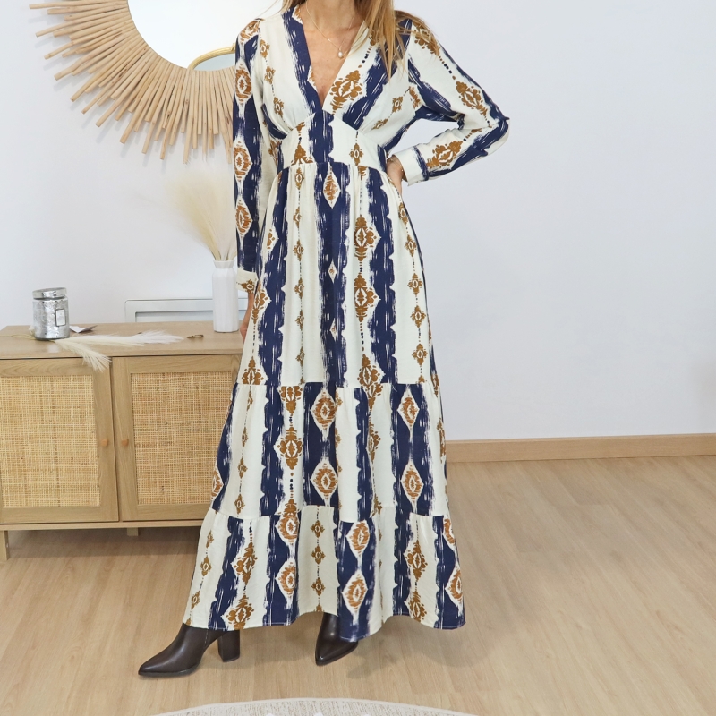 Robe longue marine camel – tissu coton & polyamide fluide