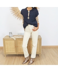 Gilet MORGANE marine – détail broches soleil dorées ☀️