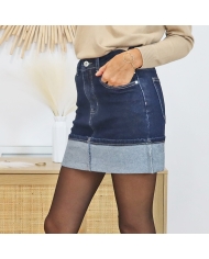 Jupe SOLINE jean brut – détail revers fantaisie sur l’envers