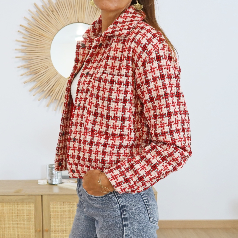 Veste tweed beige rouge – poches plates avant