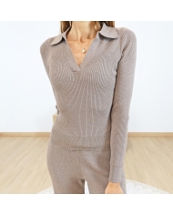Pull femme MIX & MATCH Tiffosi â vue de face col V moka Pull femme MIX & MATCH Tiffosi â vue de face col V moka