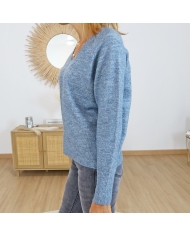 Pull femme col V bleu â vue de dos coupe droite Pull femme col V bleu â vue de dos coupe droite