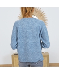 Pull femme col V bleu â vue de dos coupe droite Pull femme col V bleu â vue de dos coupe droite