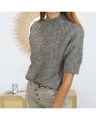 Pull brun KACUBA – col cheminée & manches courtes