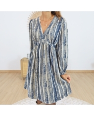 Robe BETTINA – détail imprimé fluide bleu-gris-écru 💙🤍