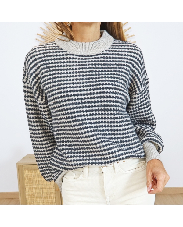 Pull anthracite beige – col rond & texture chaude