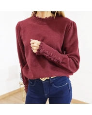 Pull femme broderie anglaise – vue de face coloris bordeaux