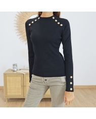 Pull femme noir – col cheminée & boutons dorés