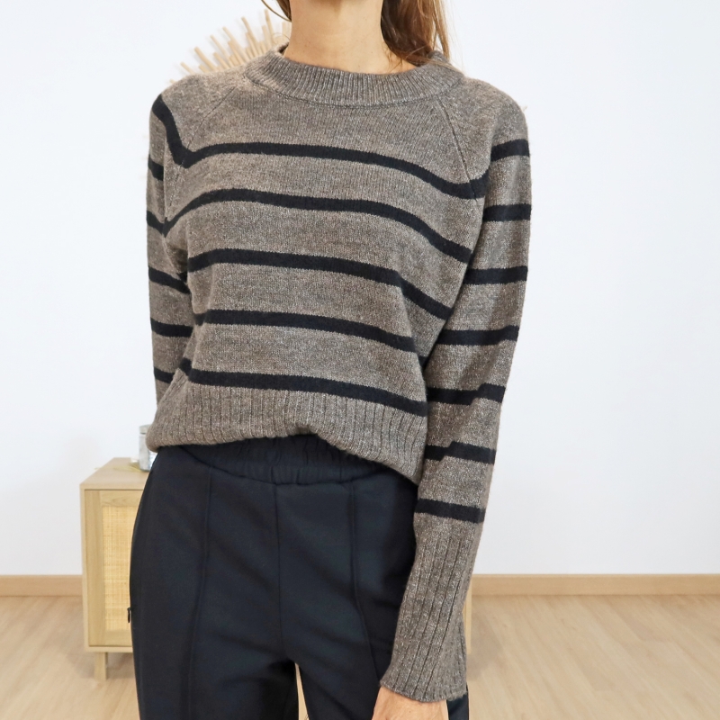 Pull col rond noir marron – texture & finitions