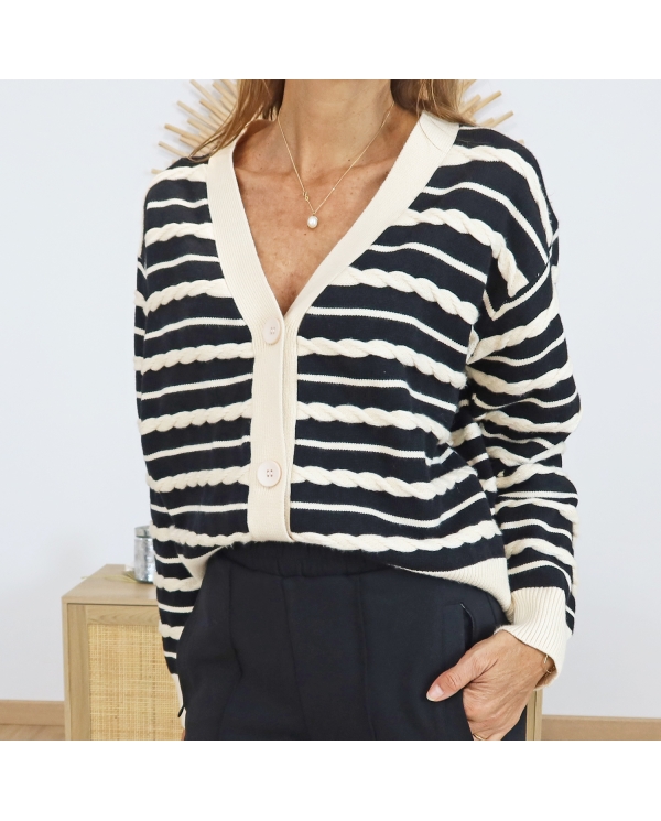 Gilet MANAÉ marinière beige noir – vue de face