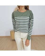 T-shirt femme kaki rayé – texture & détail col rond