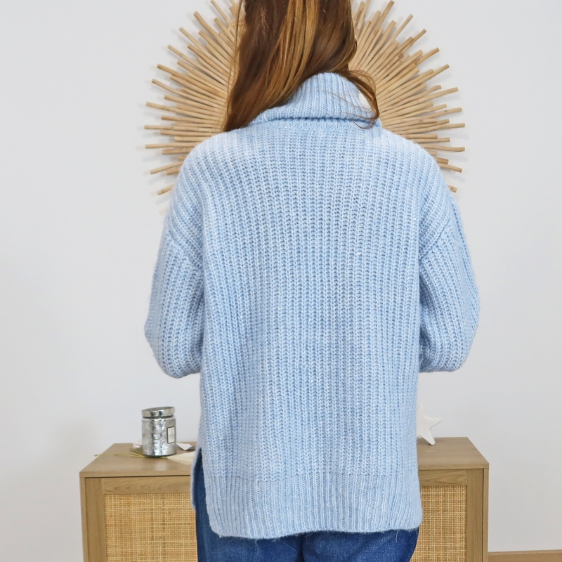 Pull femme hivers col roulé bleu – vue de dos