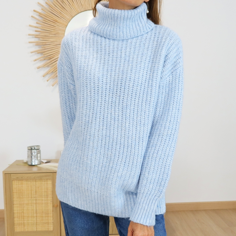 Pull femme bleu ciel sequins – détail maille brillante