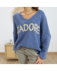 Pull FEMME oversize bleu jean “J’Adore” – vue de face
