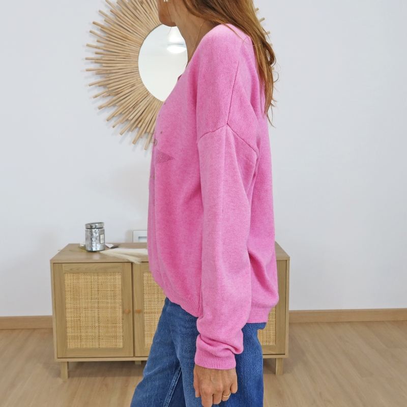 Pull fuchsia décolleté V – vue de profil