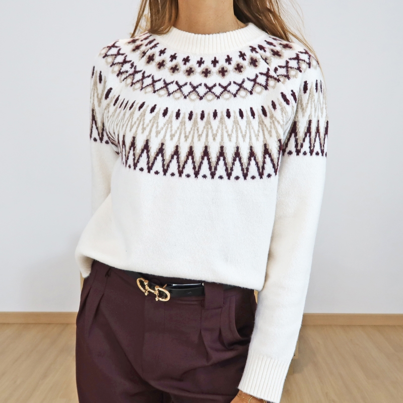 Détail motif prune & beige pull ALBERTA