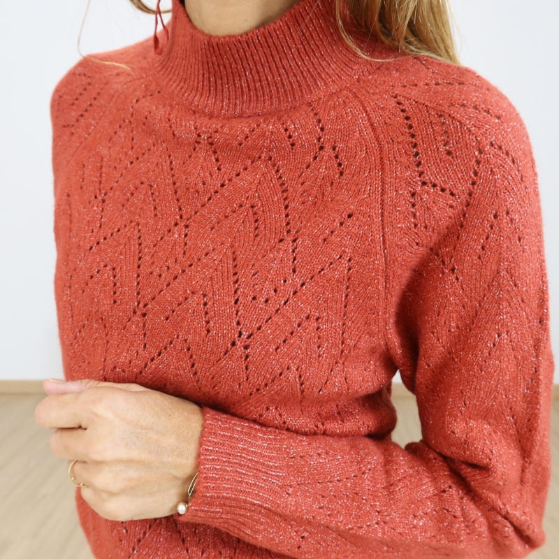 pull femme col cheminée rouge