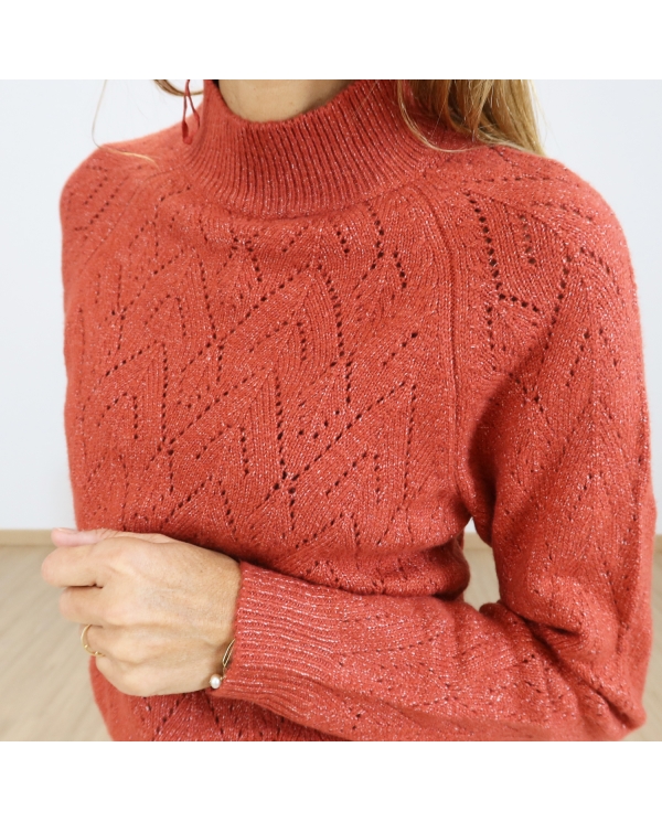 pull femme col cheminée rouge