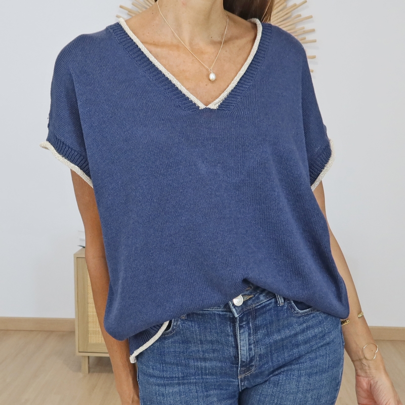 top femme col v bleu marine