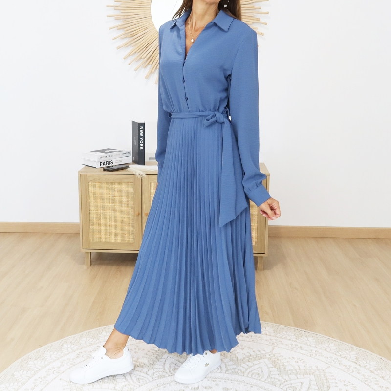 robe longue bleu jean plissée femme