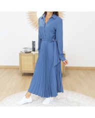 robe longue bleu jean plissée femme