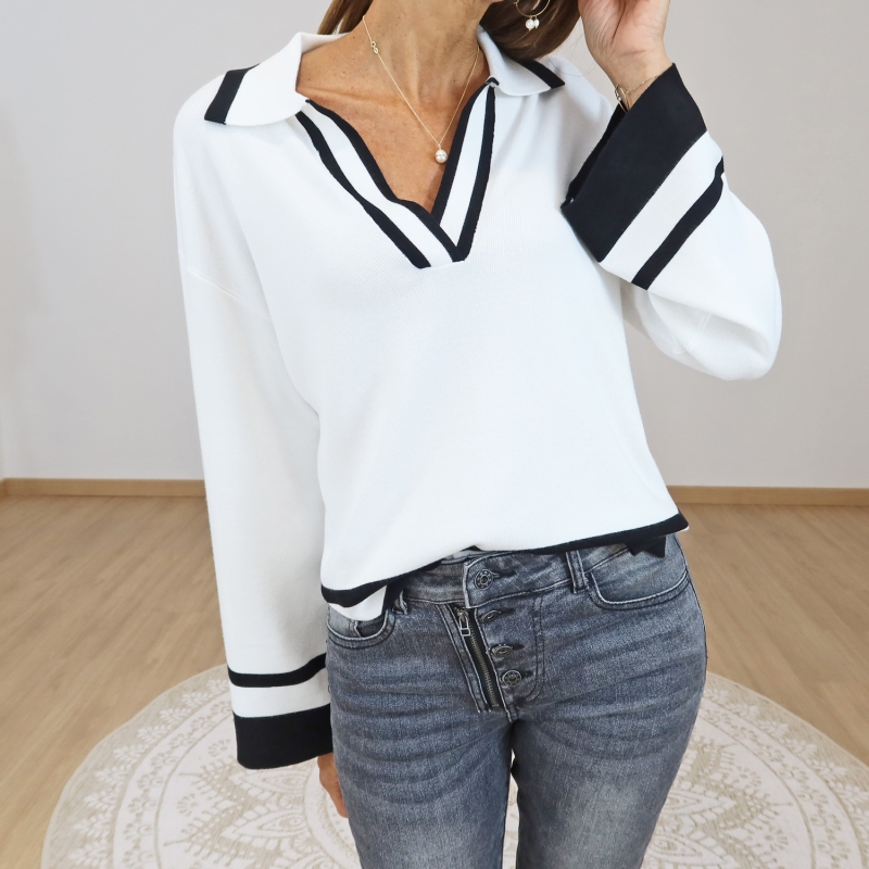 pull polo femme ecru noir