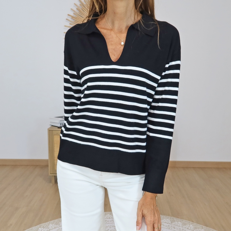 pull rayé col polo femme