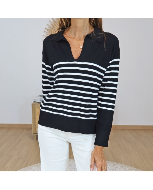 pull rayé col polo femme