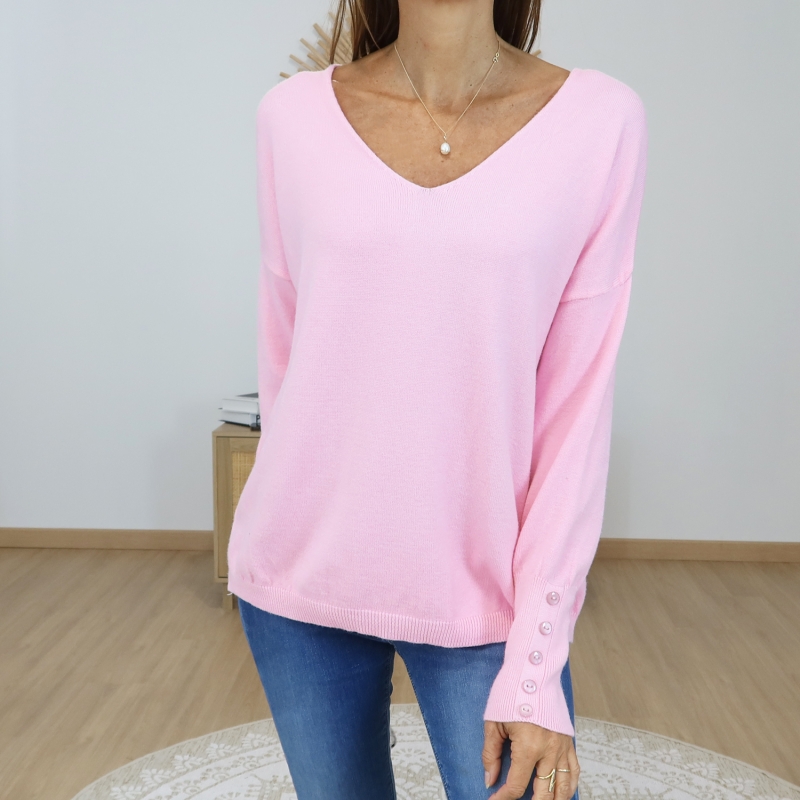 pull rose femme boutons poignets