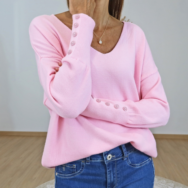 pull rose femme col v