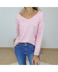 pull leopard rose femme col v