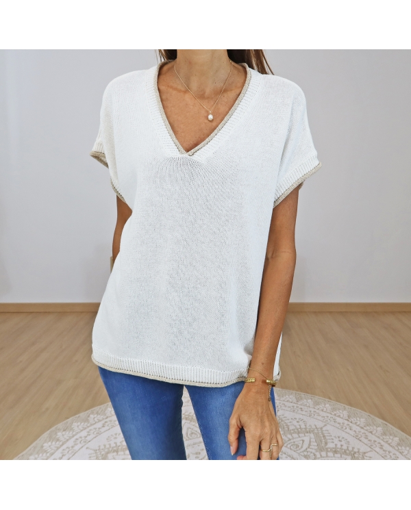 top beige femme décolleté v lurex